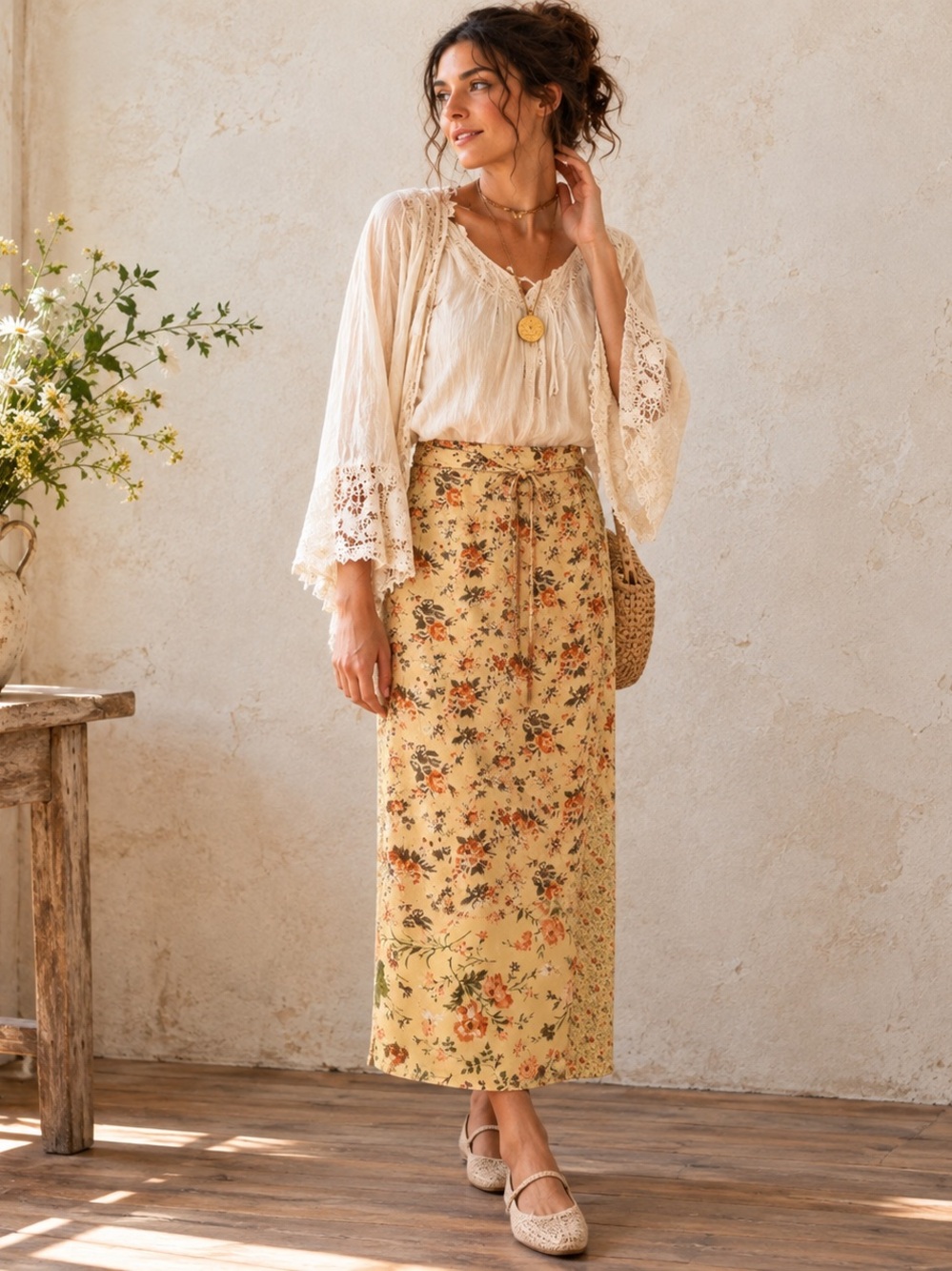Vintage April Cornell Floral Rayon Midi Skirt Cottagecore Small